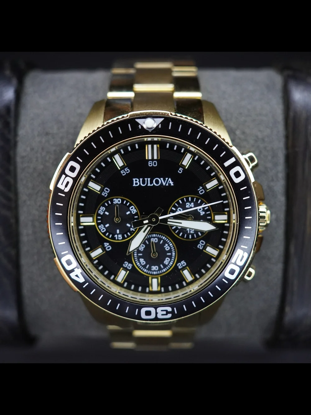 Bulova 98A248 Marine Star Gold Tone Chronograph Black Dial 43mm Mens Quartz